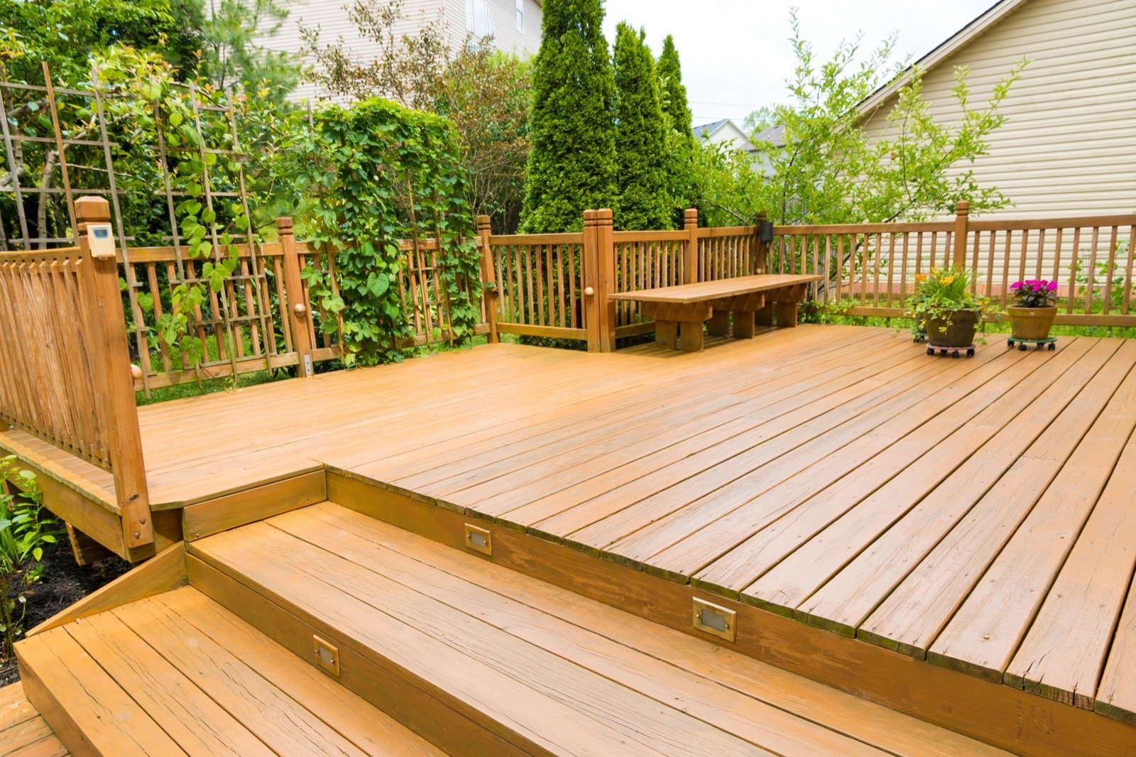Custom wooden deck built on a residential home in northern Michigan
